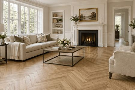 Elegant living room with wood flooring and a fireplace | LA Carpet Warehouse